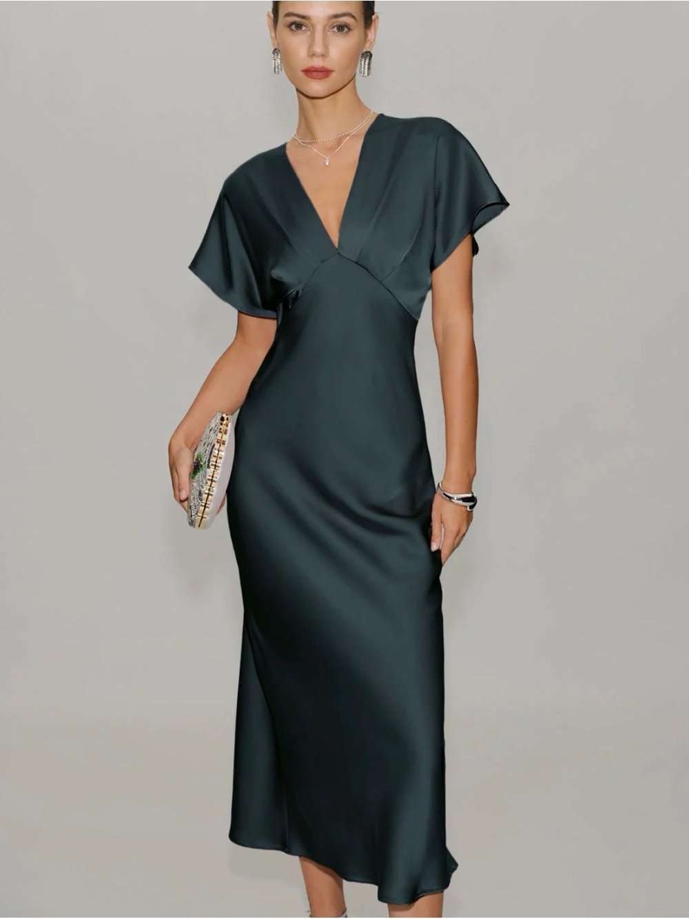 Grey Green Satin Cowl Sleeve Midi Dress